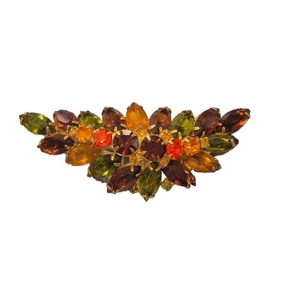 Vintage Juliana Autumn Fall Color Rhinestones Gold Tone Navette Leaf Brooch Pin